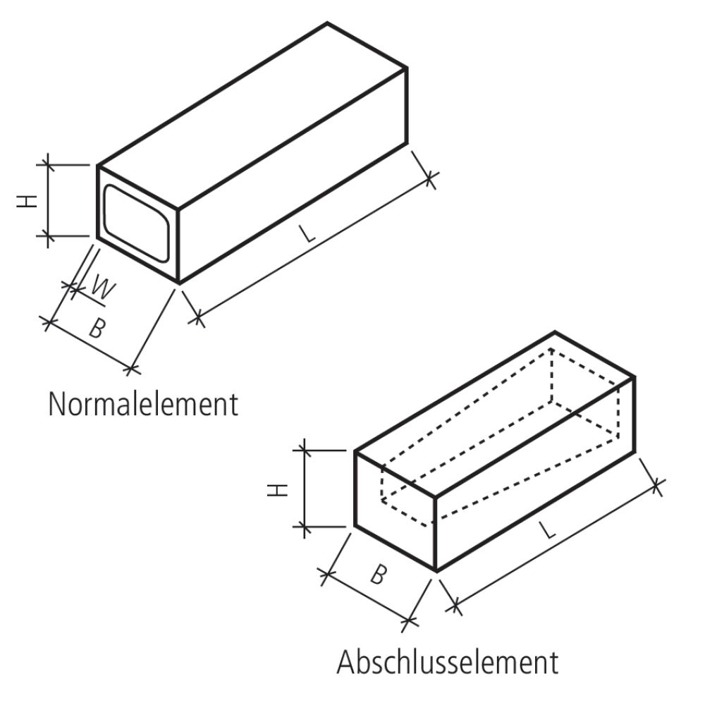 Vierkant-Element, Normalelement, beidseitig offen, grau, glatt, gefast