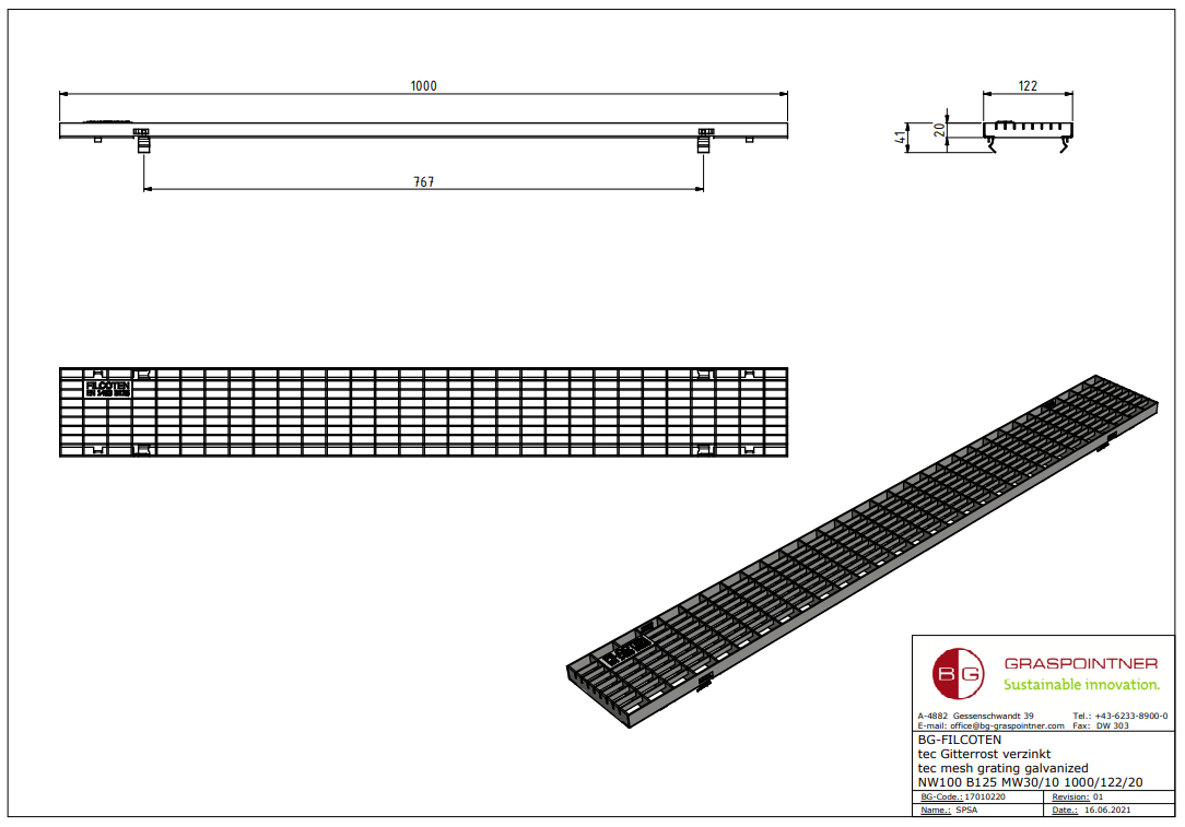 BG-FILCOTEN Gitterrost NW 100, 1000/122/20, MW 