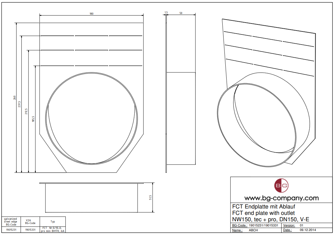 BG-FILCOTEN Endplatte NW 150, mit Ablauf DN150