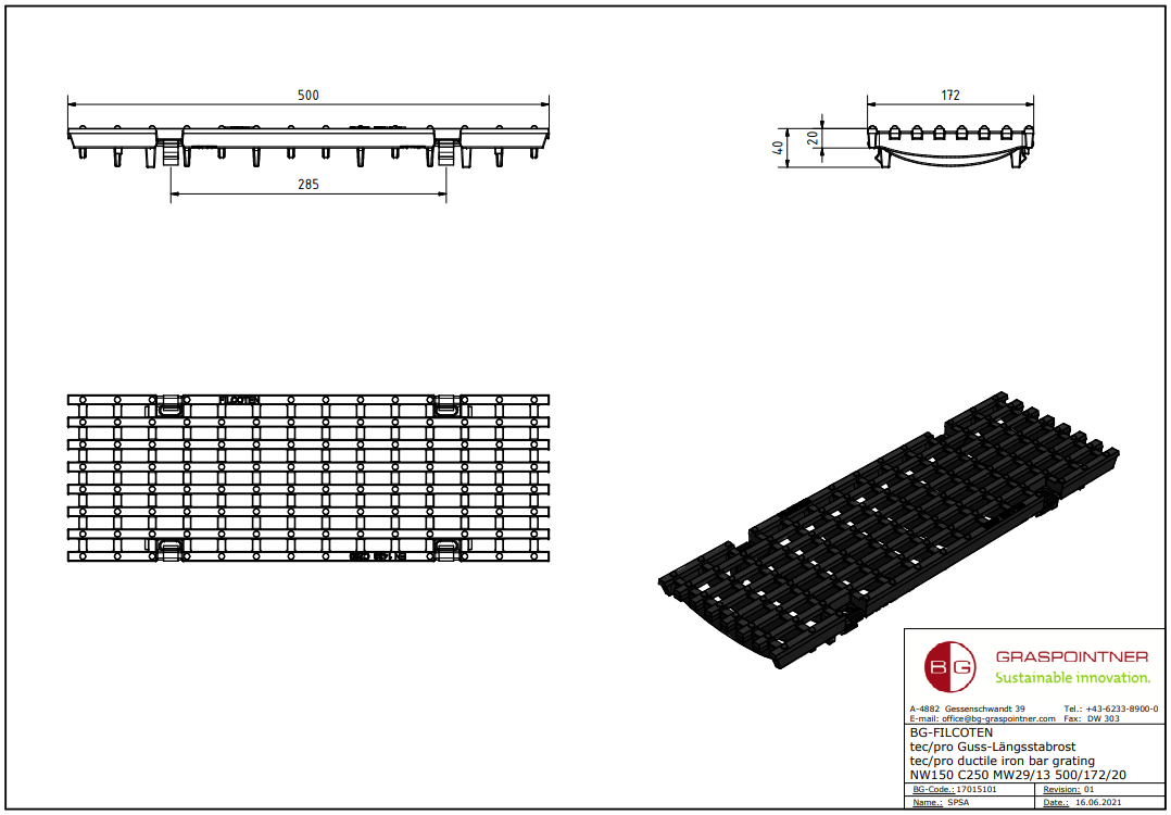 BG-FILCOTEN Guss-Längsstabrost NW 150, 500/172/20