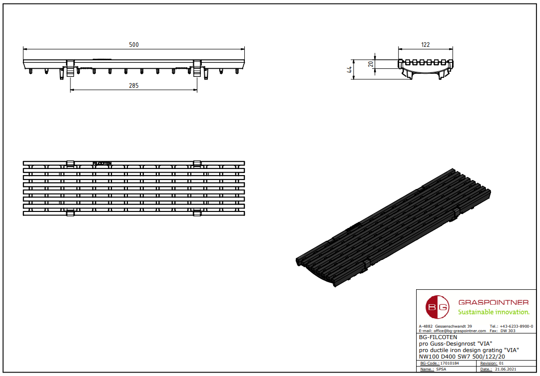 BG-FILCOTEN Guss-Designrost "VIA" NW 100, 500/122/20