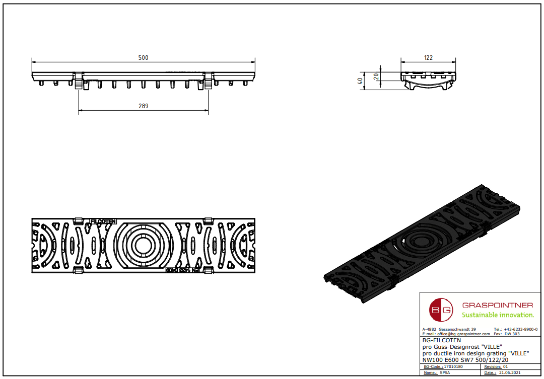 BG-FILCOTEN Guss-Designrost "VILLE" NW 100, 500/122/20