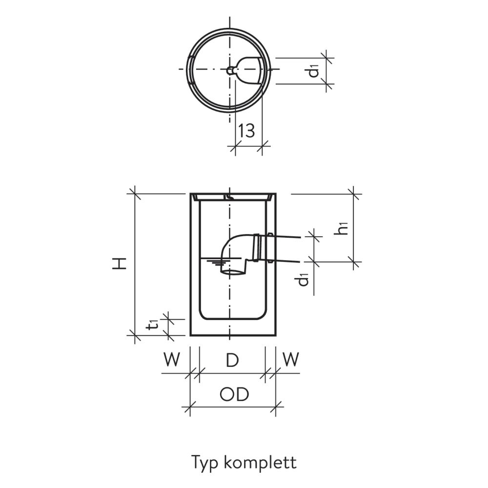 Dachwasserschacht Typ ES, Einlauf seitlich, exkl. Deckel, mit Betonscheidewand d1 15 cm