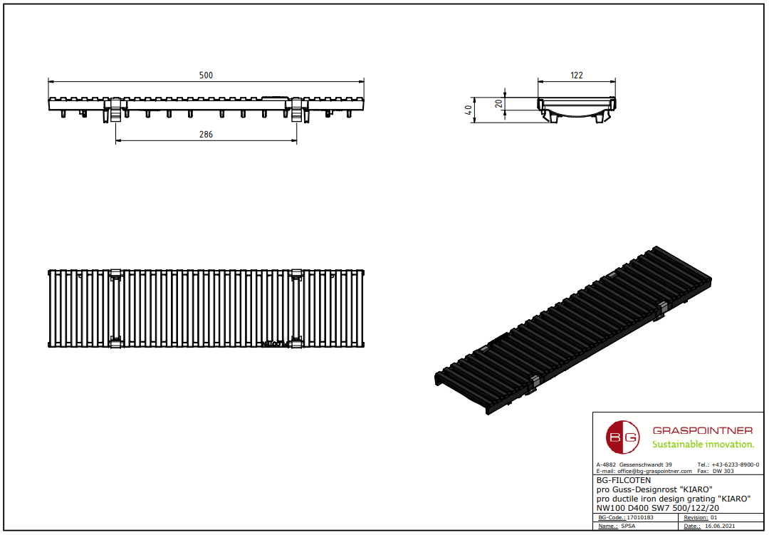 BG-FILCOTEN Guss-Designrost "KIARO" NW 100, 500/122/20